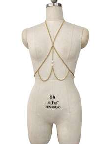 1pc INS Style Pearl Pendant Y-Shaped Halter Neck Chest Chain, Beach Vacation Hot Girl Daily Accessory - Gold - View 7
