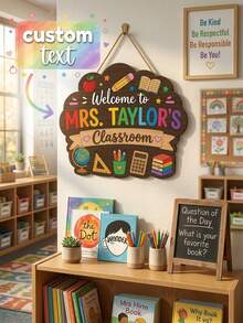 1pc Personalized Custom Teacher Name Classroom Door Sign, Custom Text Design, Cute Themed Welcome Plaque(School Supplies/Flower/Rainbow), Durable Wood Hanger With Rope, Ideal For Classroom Door/Nursery Decor, Thoughtful For Teacher'S Day Gift - Multicolor - View 1