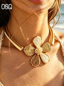 OOQ 1pc Casual Minimalist Raffia Straw Woven Flower Pendant Necklace Choker, Elegant Fashion Versatile Women's Jewelry Accessory, Suitable For Daily Wear, Gift For Best Friend (Handmade Raffia Straw Weaving, Random Direction And Shape) - Mixed Coffee Color - View 3