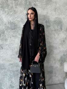 Hafizah Women's Bohemian Style Lace Trim Open Front Long Robe, Elegant Cardigan Black Vacation - Black - View 3