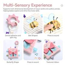 1 pieza Manta de bebé acanalada de doble cara color beige con abeja & mariposa, tela acanalada suave, etiquetas de cinta coloridas, efecto de sonido chirriante, anillo mordedor de silicona, entrenamiento multisensorial, regalo de luna llena/regalo de 1er cumpleaños/regalo de maternidad - Rosa - Ver 5