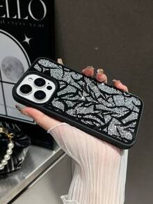 1pc Black & White Lightning Mirror Rhinestone Skin-Feel Spray Painted Phone Case Compatible With 17promax/16plus/15pro/14/13 - Black and White - View 5