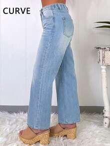 Plus Size Women Casual Loose Straight Leg Long Denim Jeans Spring - Light Wash - View 4