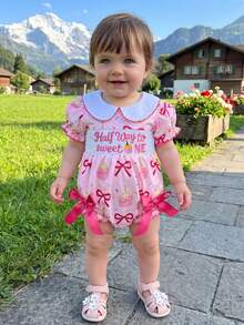 Mono de medio cumpleaños para niña con lazos, estampado de cupcakes, cuello de muñeca, mangas abullonadas, body tipo burbuja fruncido para verano y primavera. - Rosa - Ver 3