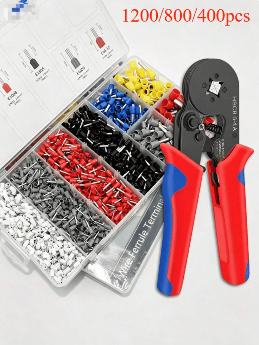 1201/1200/800/400件專業棘輪壓接鉗套組，HSC8 6-4/6-6 壓接工具，電工壓接鉗，適用於線端套管端子、電路維修、套管壓接工具組，管狀壓接鉗用於線套接頭，線套壓接套件