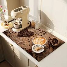 1pc Dish Drying Mat, Coffee Machine Mat, Coffee Theme Print, Coffee Bean Heart Shape, With Latte Art And Coffee Powder Elements, Highly Absorbent And Durable, Suitable For Dining Table, Coffee Shop And More, Multipurpose Drainage Mat, Home Gift, Tabletop Decor - XYLSD-504 - View 4