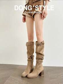 New Style Tall High Heel Boots, Autumn/Winter Wear, Knee-High Riding Boots, Slouch Boots To Pair With Skirts - Khaki - View 3