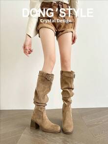 New Style Tall High Heel Boots, Autumn/Winter Wear, Knee-High Riding Boots, Slouch Boots To Pair With Skirts - Khaki - View 4