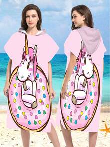 1pc Rainbow Unicorn & Blue Polka Dot Kitten Print Polyester Hooded Poncho, Oversized Beach Towel - Vibrant Unicorn Design, Beach Wrap, Soft & Durable Polyester Robe, Suitable For Swimming, Travel And Beach Vacation, Unisex Bathrobe, Beach Towel, Women Robe, Travel Decor, Casual Decor - Multicolor - View 3