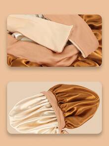 Double Layer Colorblock Satin Sleep Cap Wig Cap - Elastic Fabric Long Strap Hat In Black and Rose Red - View 5