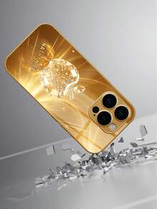 1件 DIY 定製姓名 奢華金星光水晶蘋果圖案手機殼 高清電鍍金玻璃 適用於 Apple 17ProMax/16 Pro Max/15/14 Plus/13 Pro/12 Pro Max/11/XsMax/8/7/6Plus 手機配件 時尚、多彩、可愛、趣味、極簡、搭配手機殼 - 金色 - 查看 3