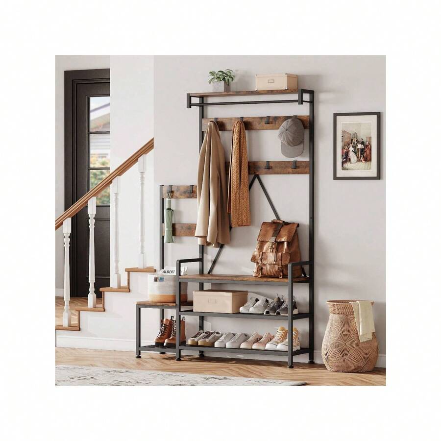 CuteHairy 70.86'' Tall Hall Tree Coat Rack Storage With Shoe Bench For Hallway Entryway Living Room - 棕色 - 查看 1