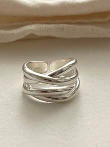 Gold Plated Twisted Intertwined Open Cuff Ring, Minimalist Irregular Layered Band Adjustable Statement Ring For Women Daily Jewelry - Silver - View 5