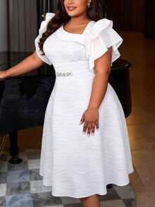 Plus Size A Line Pleated Textured Dress Asymmetrical Neck Short Puff Sleeves Water Ripple Patchwork Organza Elegant Party Evening Wedding Guest Gowns - White - View 4