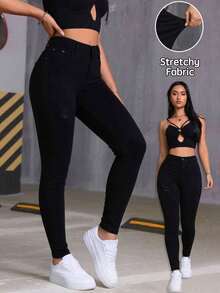 Jeans skinny de mezclilla azul oscuro con bolsillos múltiples efecto levantador de glúteos elásticos - Negro - Ver 1