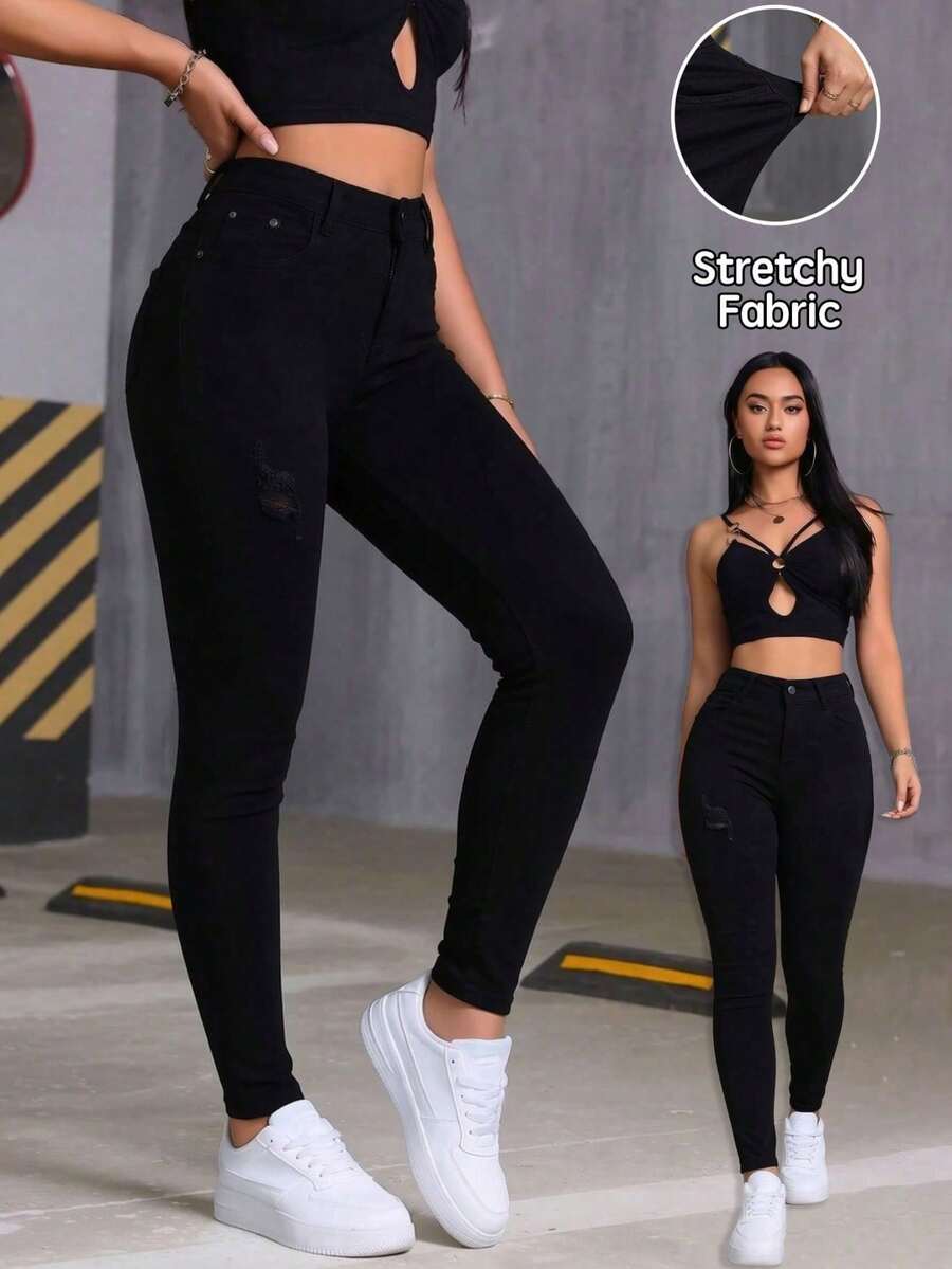 Jeans skinny de mezclilla azul oscuro con bolsillos múltiples efecto levantador de glúteos elásticos - Negro - Ver 1