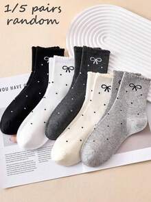 1/5 Pairs Women's Black White Grey Polka Dot Bow Ribbed Mid-Calf Socks, Breathable Comfortable, Sweet, Suitable For Daily Commute, Sweat-Absorbing Wear-Resistant Casual, Multi-Color Polka Dot Bow, Anti-Slip Wear-Resistant, Basic Style, Suitable For Date Party, Women's Socks, Easy To Match, Comfortable Fabric, Randomly Mixed - Multicolor - View 1
