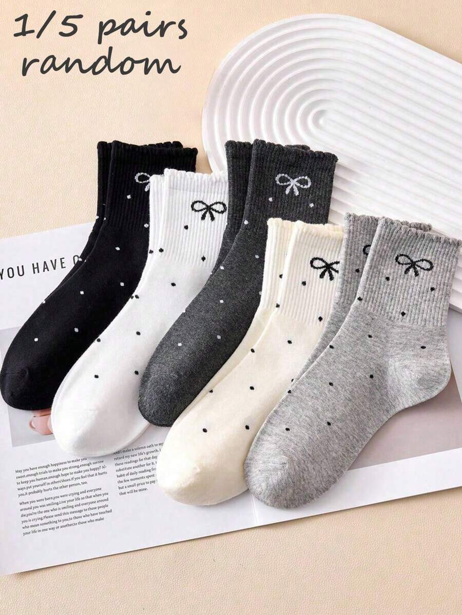1/5 Pairs Women's Black White Grey Polka Dot Bow Ribbed Mid-Calf Socks, Breathable Comfortable, Sweet, Suitable For Daily Commute, Sweat-Absorbing Wear-Resistant Casual, Multi-Color Polka Dot Bow, Anti-Slip Wear-Resistant, Basic Style, Suitable For Date Party, Women's Socks, Easy To Match, Comfortable Fabric, Randomly Mixed - Multicolor - View 1