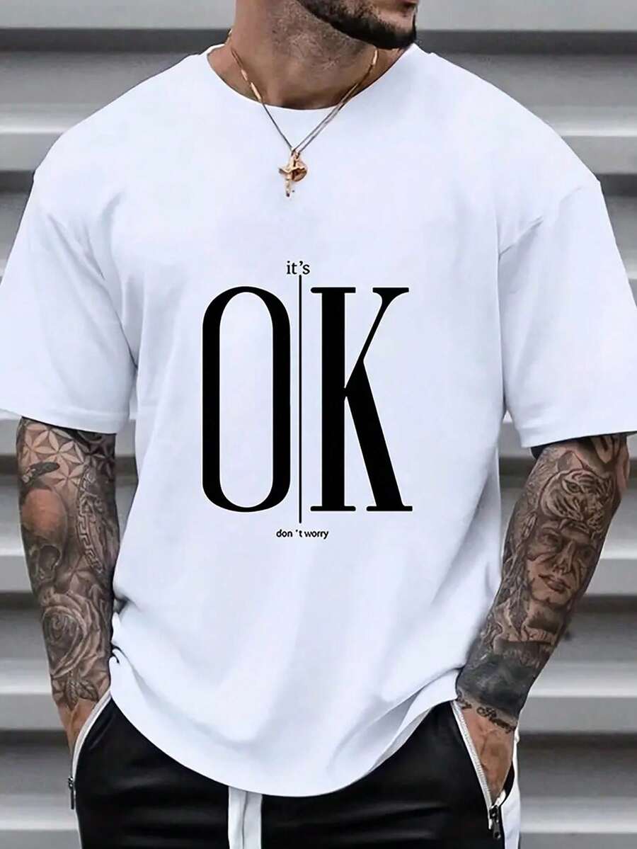 Manfinity Dauomo Men's Graphic Slogan T-Shirt - 白色 - 查看 1