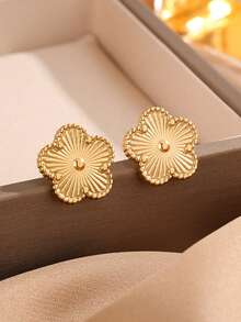 RAYQUEEN 1 Pair Stainless Steel Gold-Tone Fashion Versatile Clover Stud Earrings Jewelry For Women, Suitable As Gift - Yellow Gold - View 2