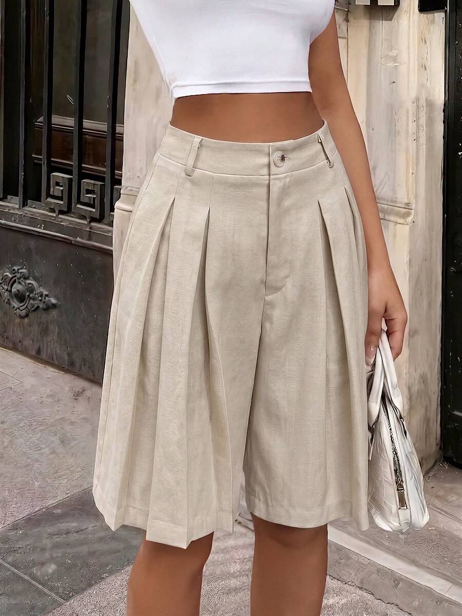 Women's Fashion Solid Color Wide Leg Casual Bermuda Shorts, Commute Shopping Casual Outfit, Ins Style, Daily Spring/Summer - Apricot - View 1