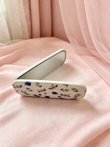 1pc Faux Leather Texture Mirror Phone Stand Makeup Mirror Adhesive Foldable Mirror Back Sticker Horizontal & Vertical Dual-Use Portable Desktop Stand - Multicolored Blue and White Flowers - View 3
