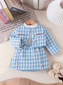 3pcs/Set Toddler Girls' Fashionable Red Plaid Jacket, Turtleneck Top & Rose Button Skirt, Autumn/Winter - Blue - View 2