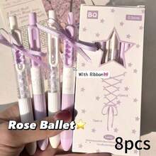 4/8 buah Pulpen Gel Hitam 0,5mm yang Dapat Ditarik dengan Kotak, Pulpen Tekan Gaya Balet dengan Pita Ungu, Alat Tulis Lucu untuk Menulis Halus, Perlengkapan Sekolah, Catatan Belajar, Perencana, Jurnal & Kembali ke Sekolah - A - View 10