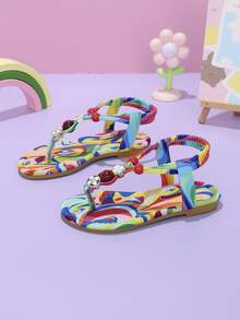 1 Pair Girls Rainbow Print Thong Flat Sandals With Pearl & Rhinestone Decor, Slip-On Design For Daily Wear - Multicolor - View 2