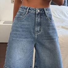 xuehuamaoyi02  Shorts vaqueros tipo bermuda de ajuste holgado con bolsillos para mujer, estilo Y2K para el verano - Azul - Ver 8