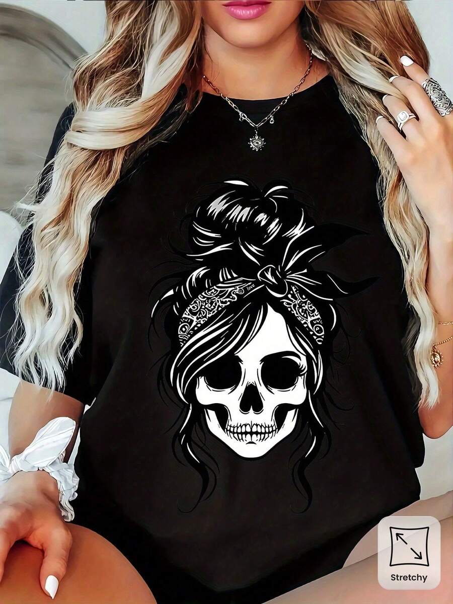 Camiseta de estilo casual y cómoda con estampado gráfico llamativo para mujer, ideal para salidas informales y ocasiones especiales Tela de algodón premium, ligera pero resistente - Negro - Ver 1