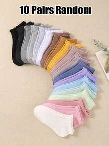 10 Pairs Random Colorful Petal Ankle Socks, Solid Color Ruffle Socks, Back To School Students Children's Socks, Crazy Socks, Fun Socks - Multicolor - View 5