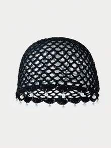 1pc Women's Cute Casual Style Fashion Hollow Breathable Handmade Woven Rhombus Pearl Decor Knitted Bucket Hat For Travel, Beach, Vacation, Photos, Daily Wear - Pearl - View 4