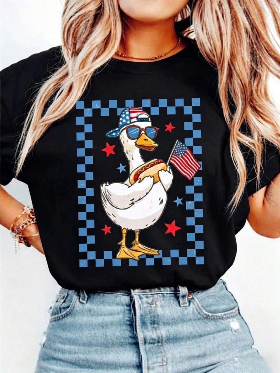 Camisetas de manga corta para mujer 100% algodon, Patriotic Goose Shirt, Memorial Day Shirt, Funny Goose Shirt cuello redondo envio desde Mexico - Negro - Ver 1