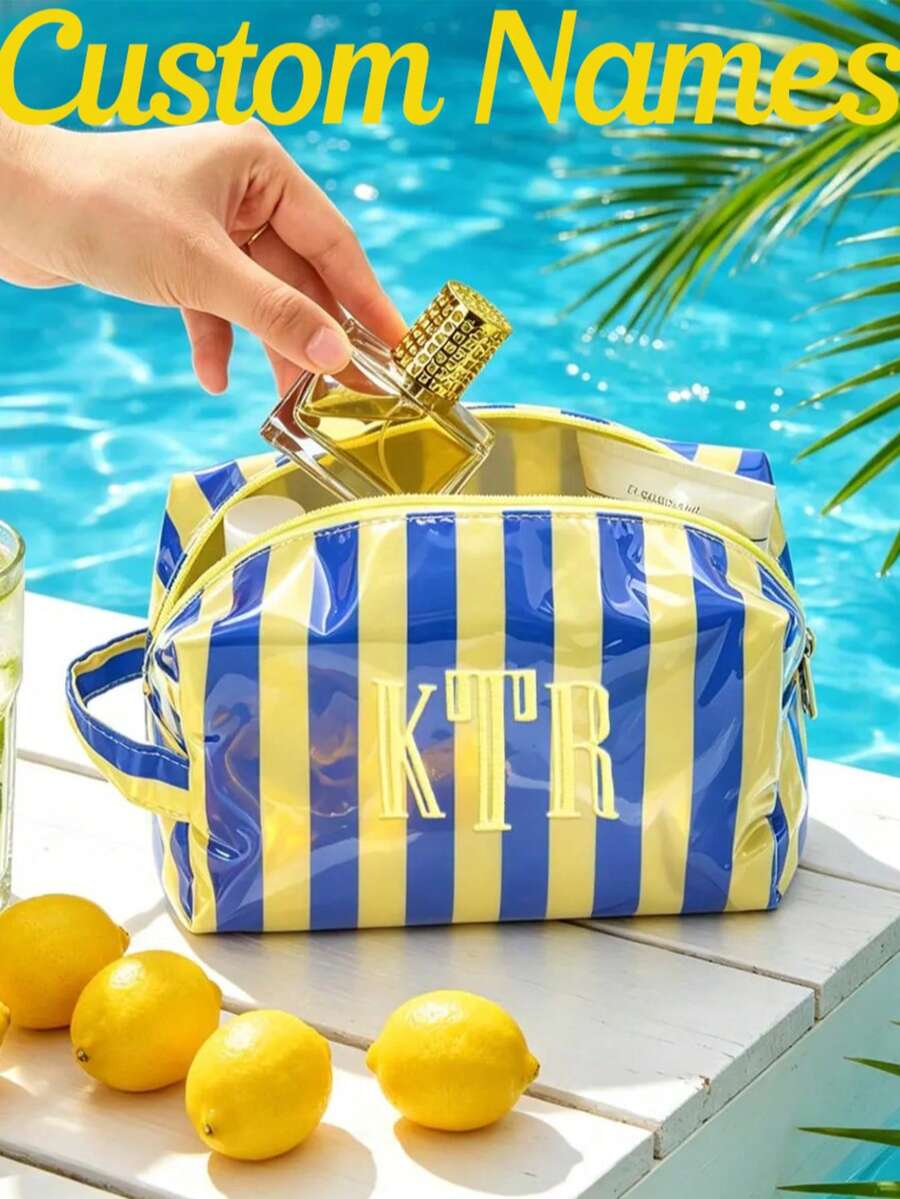 Custom Striped Toiletry Bag, Personalized Travel Storage Bag, Waterproof Name Makeup Organizer, Travel Makeup Bag, Vacation Gift, Waterproof Storage Bag, Summer Storage Bag, Personalized Storage Bag, Beach Bag Liner, Custom Travel Bag, Pool Party Gift, Toiletry Organizer - Multicolor - View 1