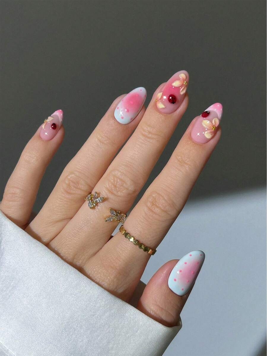 30pcs Short Almond Gradient French Press-On Fake Nails, 3D Gel Ladybug And Flower, Polka Dot Pattern, Acrylic Fake Nail Set, Includes: 1pc Jelly Glue And 1pc Nail File, - Multicolor - View 1