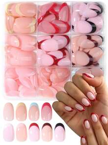 216Pcs/Set(9mixed) Y2K Short Square Colorful French Tips Press On Short Nails With Yellow & Blue & Red & Black & Brown & Pink &Nude Color French Design,Full Fit Acrylic Fake Nails, Contain 1pc Jelly Glue And 1pc Nail File,For Girls Daily Life Use - Multicolor - View 3