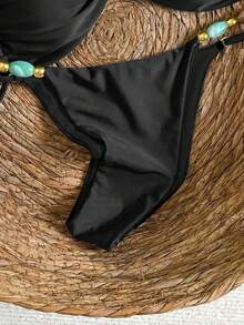 Conjunto de Bikini con Cuello Halter y Amarre en la Espalda para Mujer, Estilo Bohemio con Bloques de Color y Tirantes de Hombro con Cuentas, Adecuado para Vacaciones en la Playa Blan - Negro - Ver 5