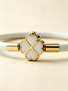 1pc White Leather Four-Leaf Clover Pendant Bracelet, Gold Clasp, Minimalist Style Lucky Bracelet, Suitable For Daily And Office Wear Women Accessory - Ivory - Gold Clover - View 4