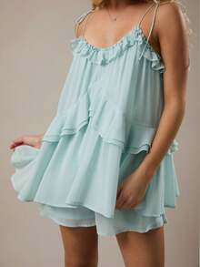 Womens Summer Romper Dress Chiffon Spaghetti Strap Sleeveless Ruffle Tiered Short Jumpsuits Beach Vacation Rompers - 藍色 - 查看 2