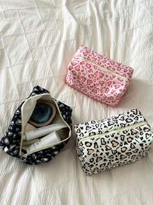 AGG,Leopard & Floral Print Makeup Bag, Large Capacity Canvas Cosmetic Pouch, Portable Travel Zipper Toiletry Storage Bag For Women - Multicolor - View 11