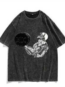 Teen Trendy 100 Percent Vintage Washed Short Sleeve T Shirt Y2K Summer Top Loose Breathable Athletic Tee American High Street Ins Style Casual Outerwear Fitness Versatile Muscle Arm Dumbbell Retro Graphic Print, For Teenager - Negro - Ver 1