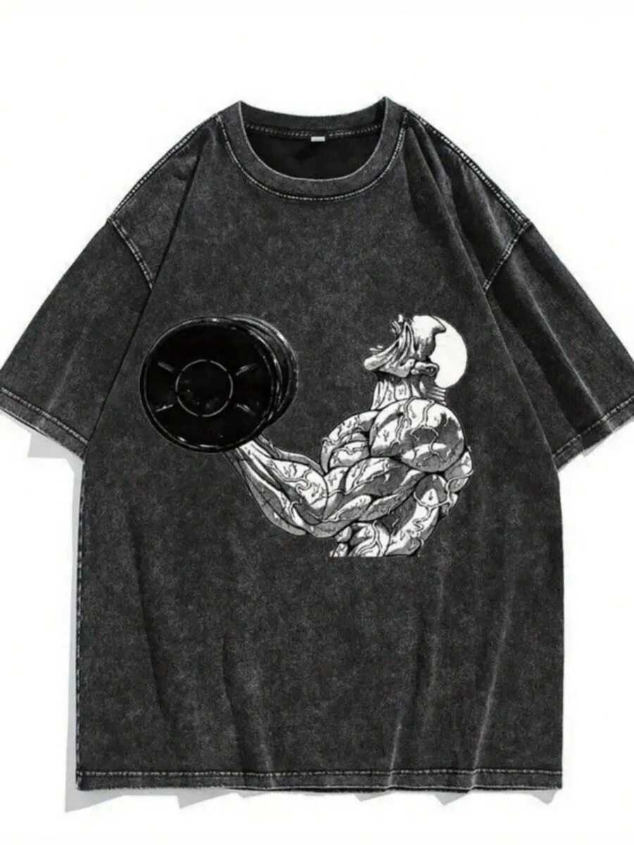 Teen Trendy 100 Percent Vintage Washed Short Sleeve T Shirt Y2K Summer Top Loose Breathable Athletic Tee American High Street Ins Style Casual Outerwear Fitness Versatile Muscle Arm Dumbbell Retro Graphic Print, For Teenager - Negro - Ver 1