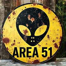 7 Inch Vintage Alien Warning Sign - Area 51 Wooden Wall Decor, With Classic UFO Design, Yellow And Black Distressed Effect, Suitable For Bar, Cafe, Patio And Theme Decoration - Multicolor - View 1