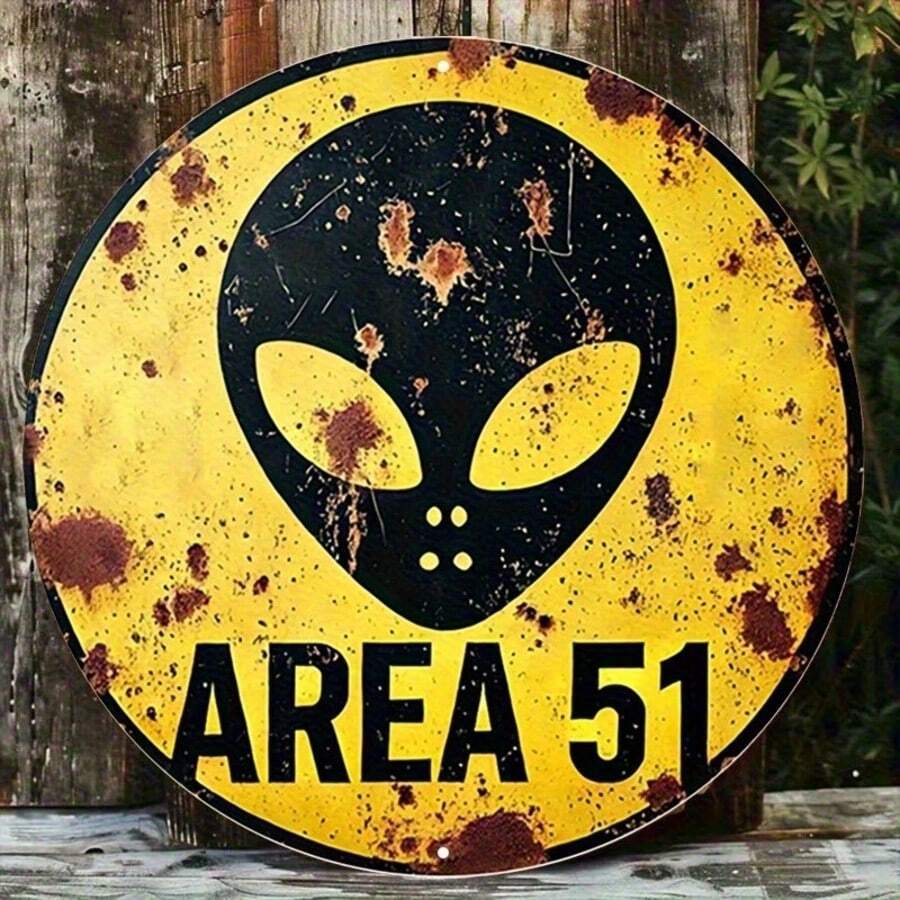 7 Inch Vintage Alien Warning Sign - Area 51 Wooden Wall Decor, With Classic UFO Design, Yellow And Black Distressed Effect, Suitable For Bar, Cafe, Patio And Theme Decoration - Multicolor - View 1