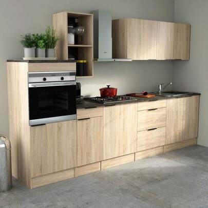 Miroytengo Pack de muebles cocina Arko madera claro-negro módulos altos, columna 60x141 cm, cajones, fregadero. Melamina, diseño moderno. Incluye instrucciones. Medidas: 60x57.9x35.6, 80x86x60 cm.