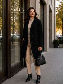 Women's Long Wool Coat, Parka, Or Overcoat, Elegant And With Front Button Closure. - 黑色 - 查看 2