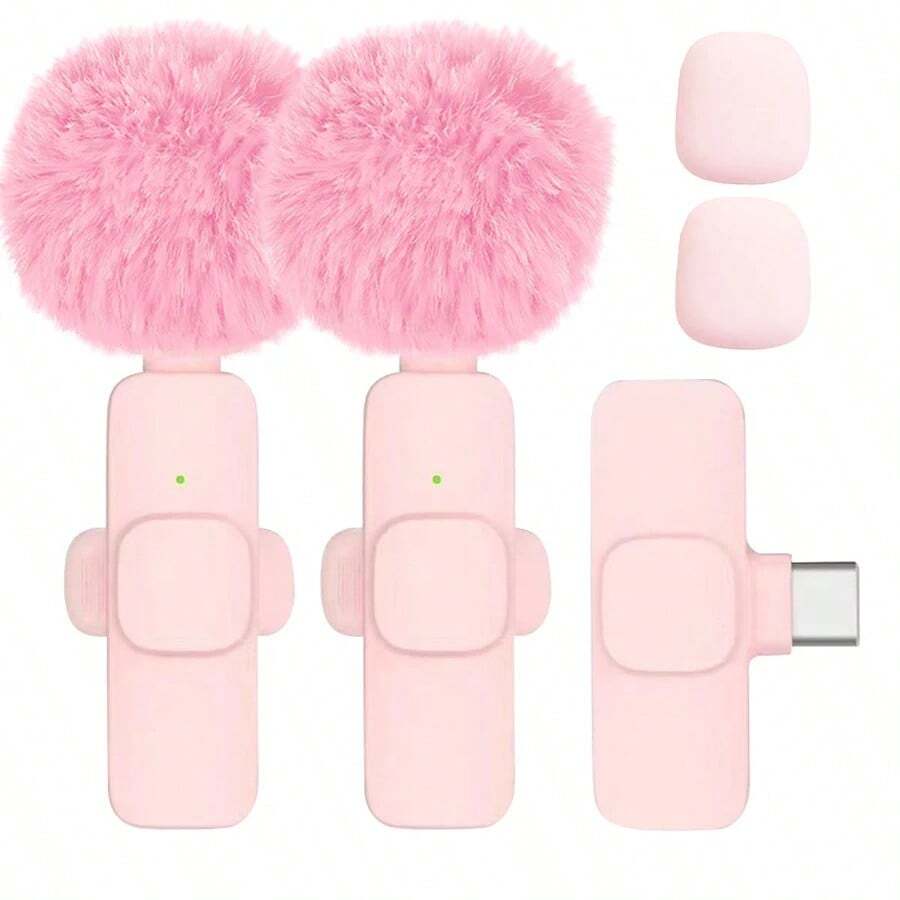 New Portable Wireless Lavalier Microphone For Audio And Video Recording, Mini Microphone For IPhone, Android, PC, Camera, Live Streaming, Gaming, And Phone - Pink 2in1 Type-c - View 1