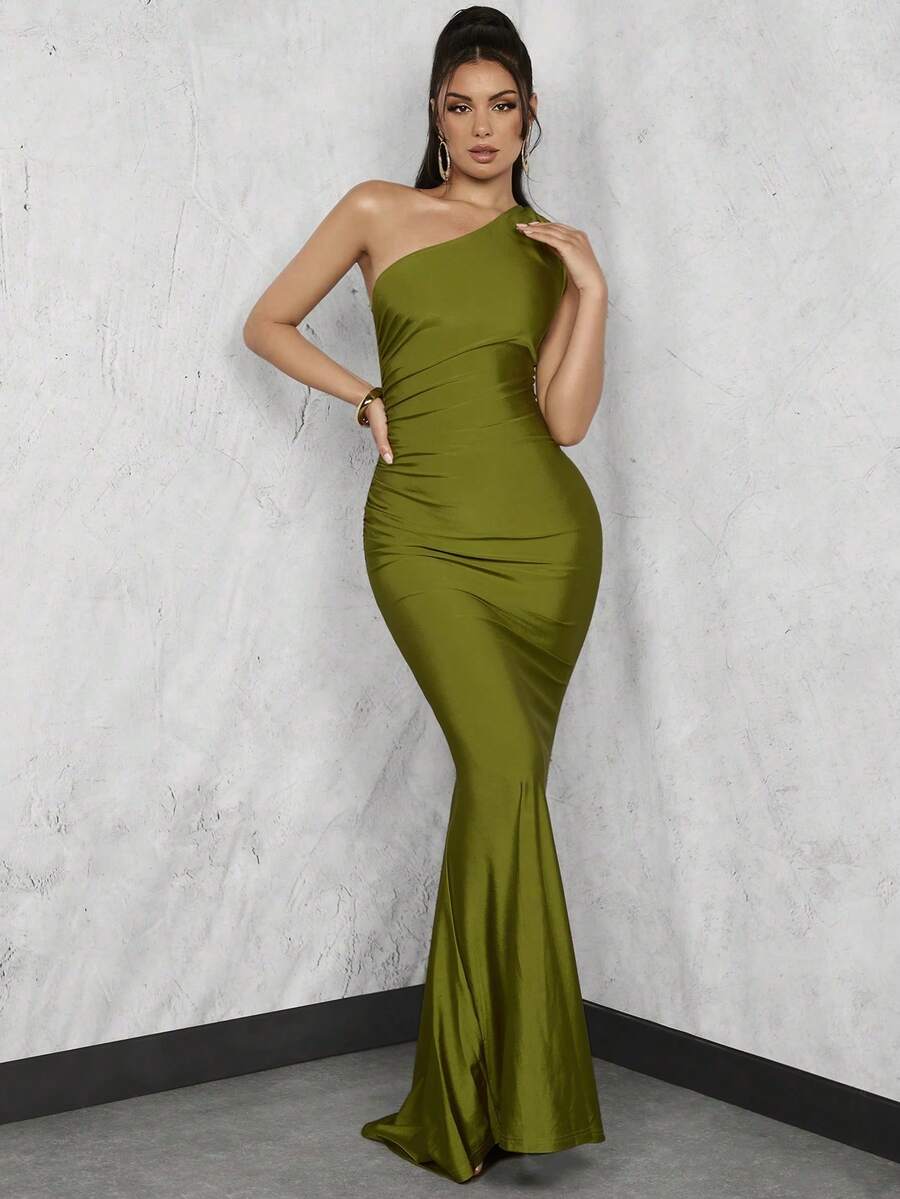 Vestido largo elegante de una sola manga con pliegues y cintura alta para invitadas de boda en verano - Verde - Ver 1