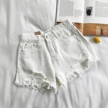 Shorts Vaqueros de Moda Coreana para Mujer, Shorts de Mezclilla Azul de Cintura Alta, Casuales de Verano, con Bolsillos, Borlas y Perforaciones, Estilo Y2K - BLANCO - Ver 6